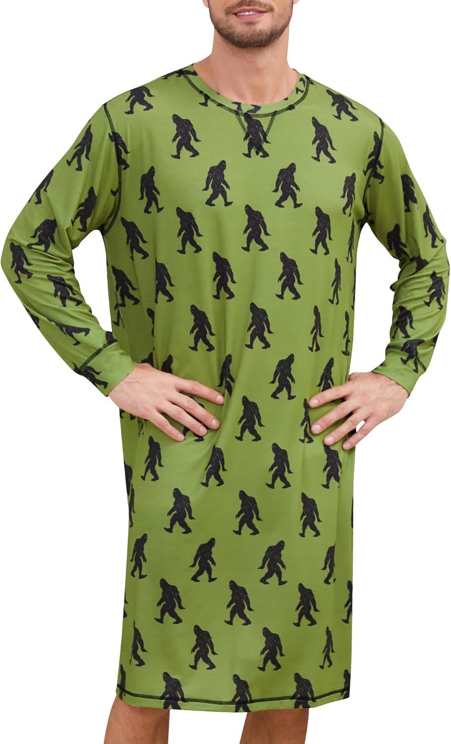 imageSWOMOG Mens Nightgown Long Sleeve Lounge Sleep Henley Shirt Pajama Big amp Tall Nightshirt Comfy Nightwear SXXLArmy Green Bigfoot