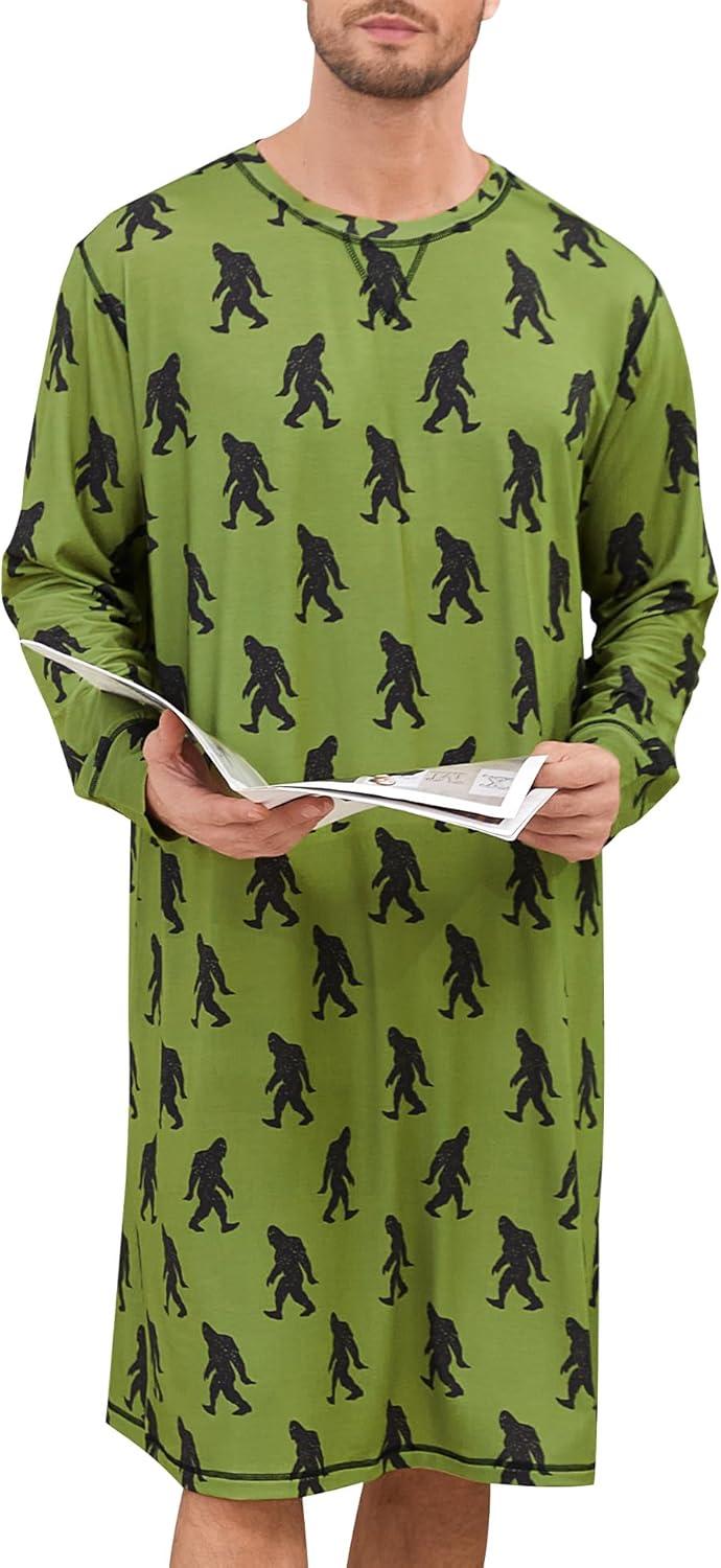 imageSWOMOG Mens Nightgown Long Sleeve Lounge Sleep Henley Shirt Pajama Big amp Tall Nightshirt Comfy Nightwear SXXLArmy Green Bigfoot