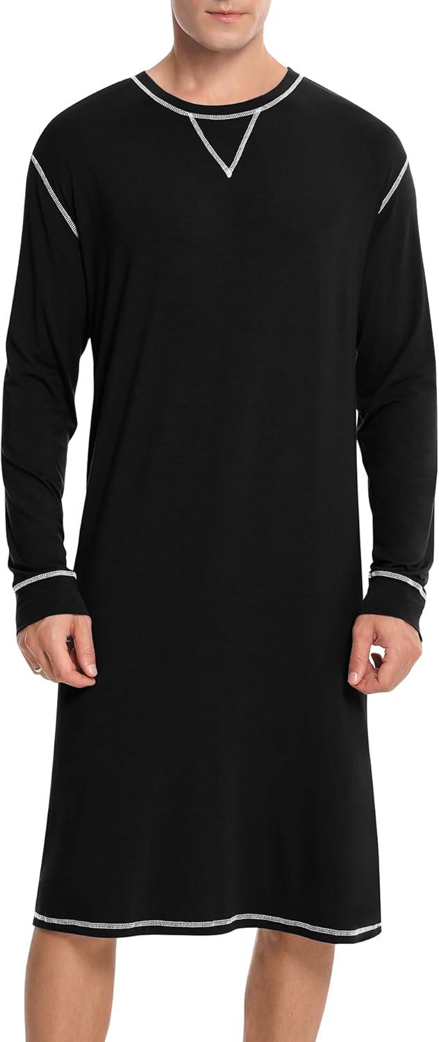 imageSWOMOG Mens Nightgown Long Sleeve Lounge Sleep Henley Shirt Pajama Big amp Tall Nightshirt Comfy Nightwear SXXLBlack