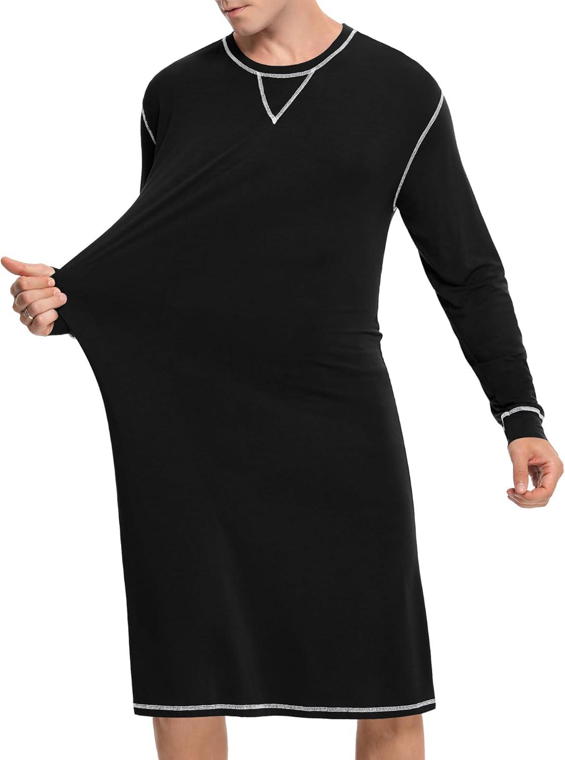 imageSWOMOG Mens Nightgown Long Sleeve Lounge Sleep Henley Shirt Pajama Big amp Tall Nightshirt Comfy Nightwear SXXLBlack