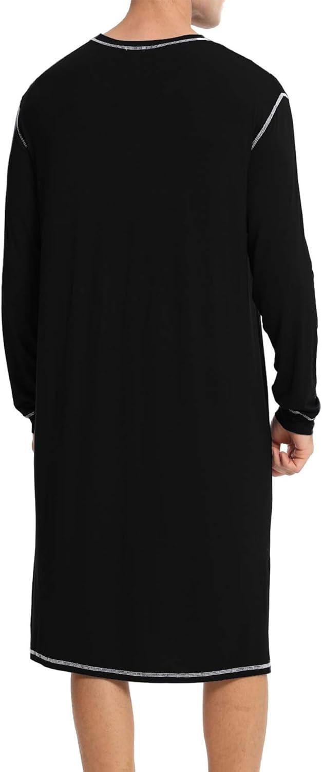 imageSWOMOG Mens Nightgown Long Sleeve Lounge Sleep Henley Shirt Pajama Big amp Tall Nightshirt Comfy Nightwear SXXLBlack