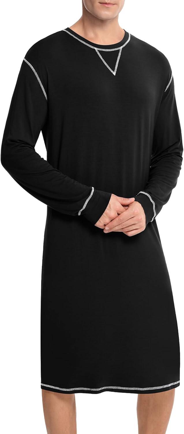 imageSWOMOG Mens Nightgown Long Sleeve Lounge Sleep Henley Shirt Pajama Big amp Tall Nightshirt Comfy Nightwear SXXLBlack