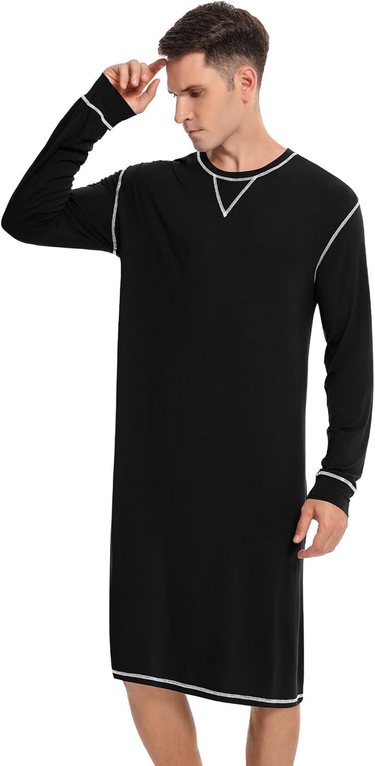 imageSWOMOG Mens Nightgown Long Sleeve Lounge Sleep Henley Shirt Pajama Big amp Tall Nightshirt Comfy Nightwear SXXLBlack