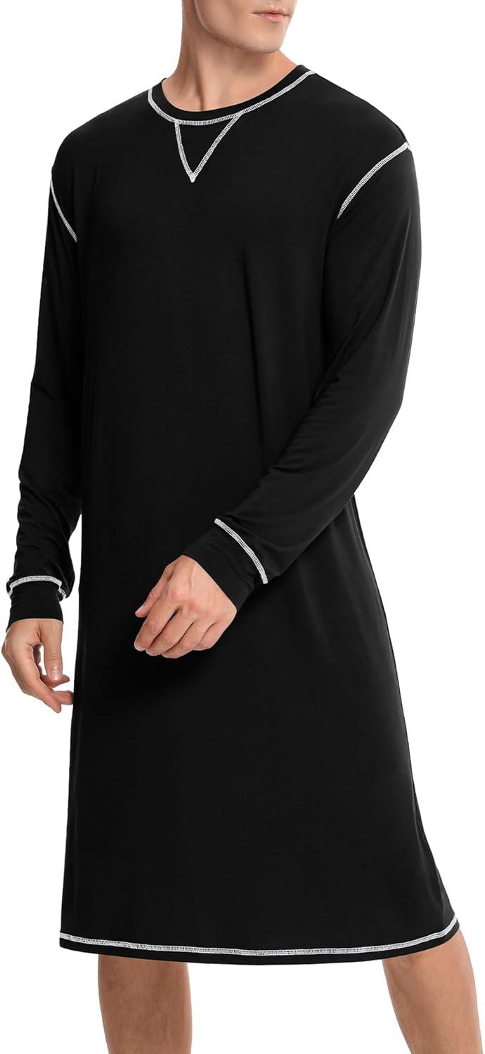 imageSWOMOG Mens Nightgown Long Sleeve Lounge Sleep Henley Shirt Pajama Big amp Tall Nightshirt Comfy Nightwear SXXLBlack