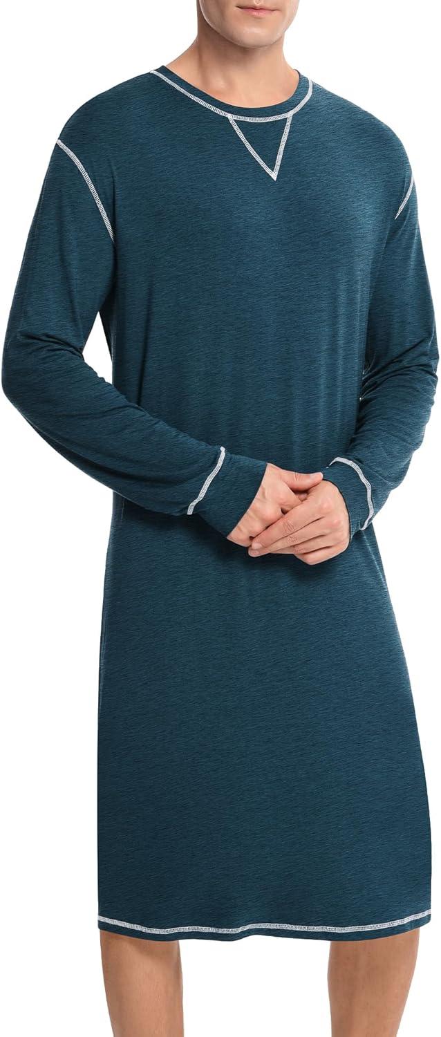 imageSWOMOG Mens Nightgown Long Sleeve Lounge Sleep Henley Shirt Pajama Big amp Tall Nightshirt Comfy Nightwear SXXLBlue Green