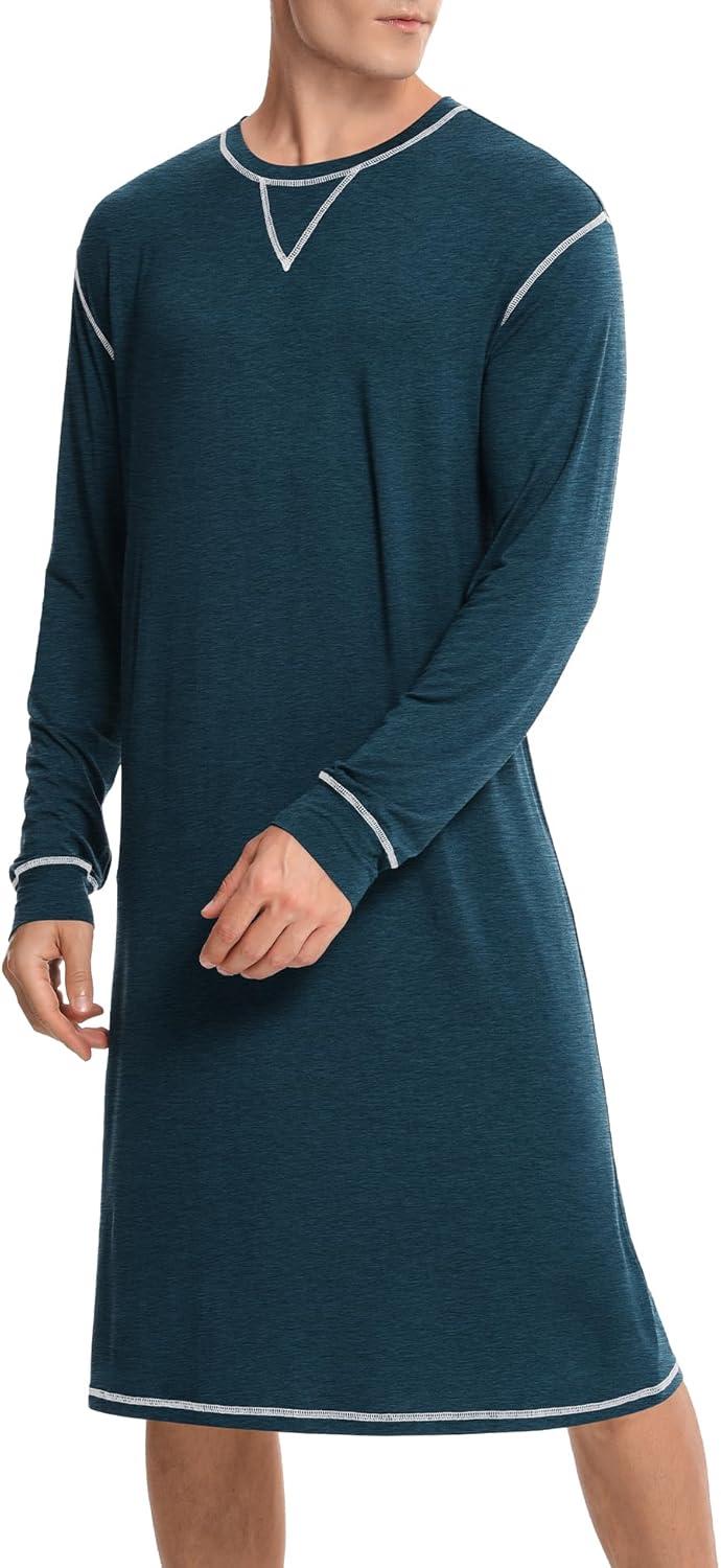 imageSWOMOG Mens Nightgown Long Sleeve Lounge Sleep Henley Shirt Pajama Big amp Tall Nightshirt Comfy Nightwear SXXLBlue Green