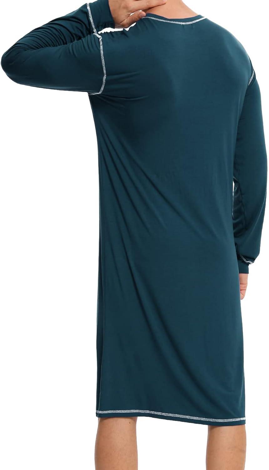 imageSWOMOG Mens Nightgown Long Sleeve Lounge Sleep Henley Shirt Pajama Big amp Tall Nightshirt Comfy Nightwear SXXLBlue Green