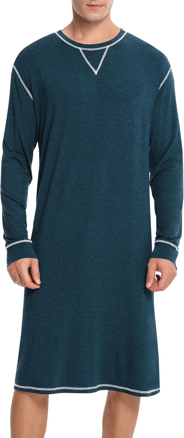 imageSWOMOG Mens Nightgown Long Sleeve Lounge Sleep Henley Shirt Pajama Big amp Tall Nightshirt Comfy Nightwear SXXLBlue Green