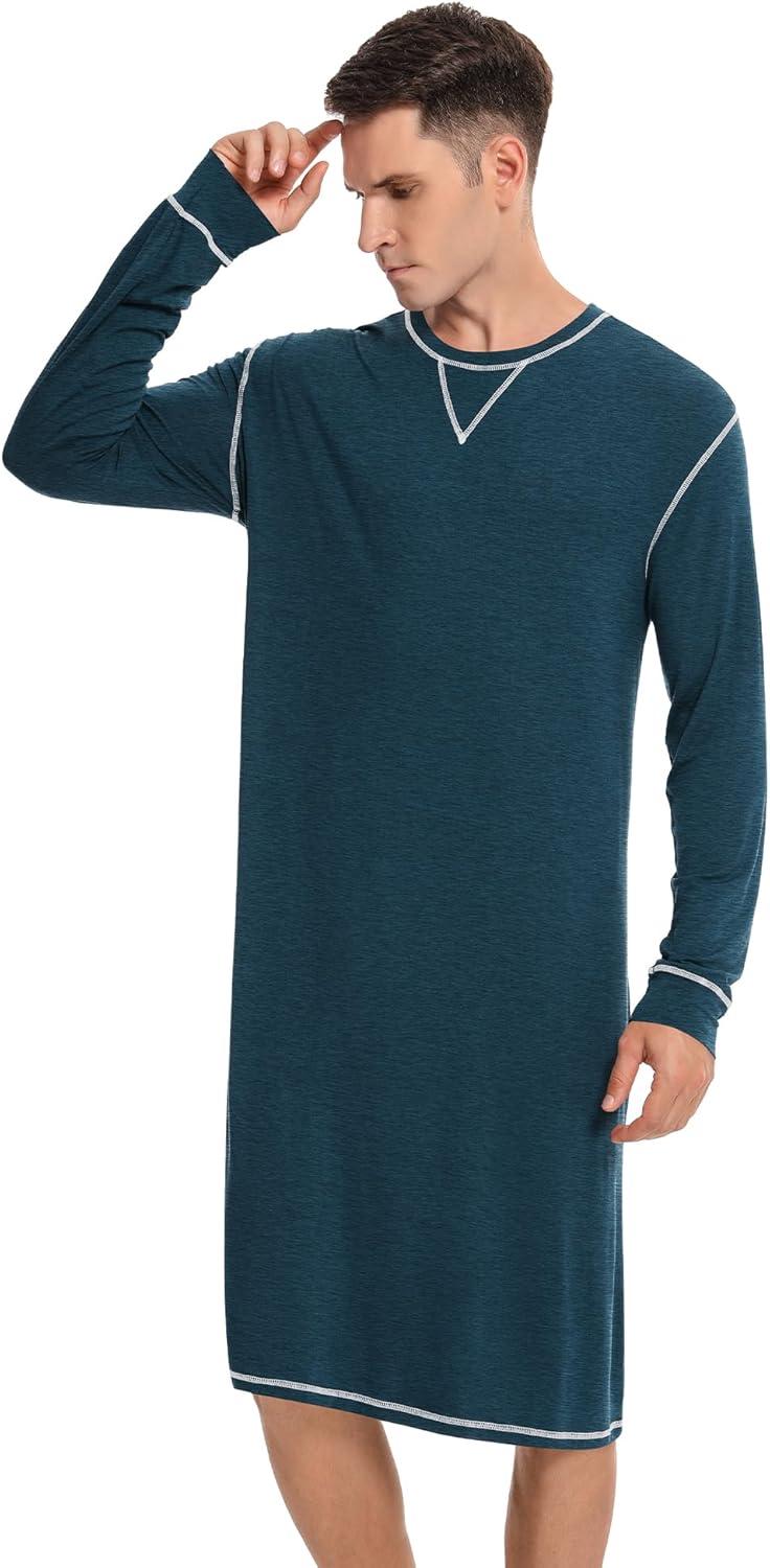 imageSWOMOG Mens Nightgown Long Sleeve Lounge Sleep Henley Shirt Pajama Big amp Tall Nightshirt Comfy Nightwear SXXLBlue Green