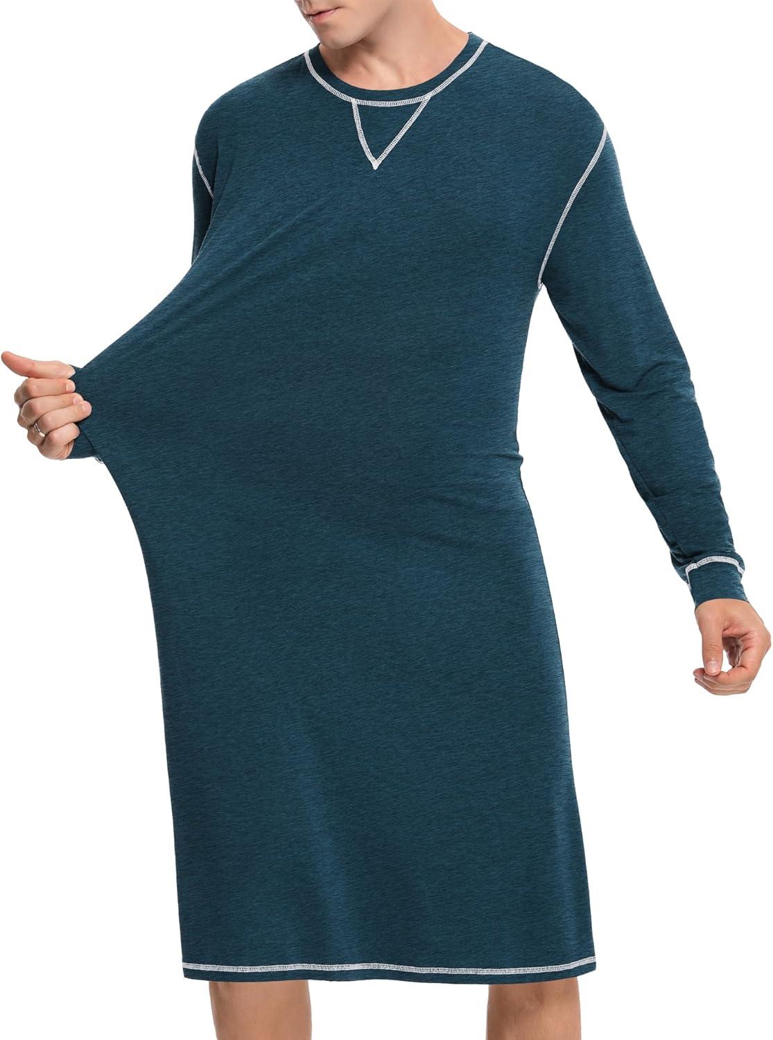 imageSWOMOG Mens Nightgown Long Sleeve Lounge Sleep Henley Shirt Pajama Big amp Tall Nightshirt Comfy Nightwear SXXLBlue Green