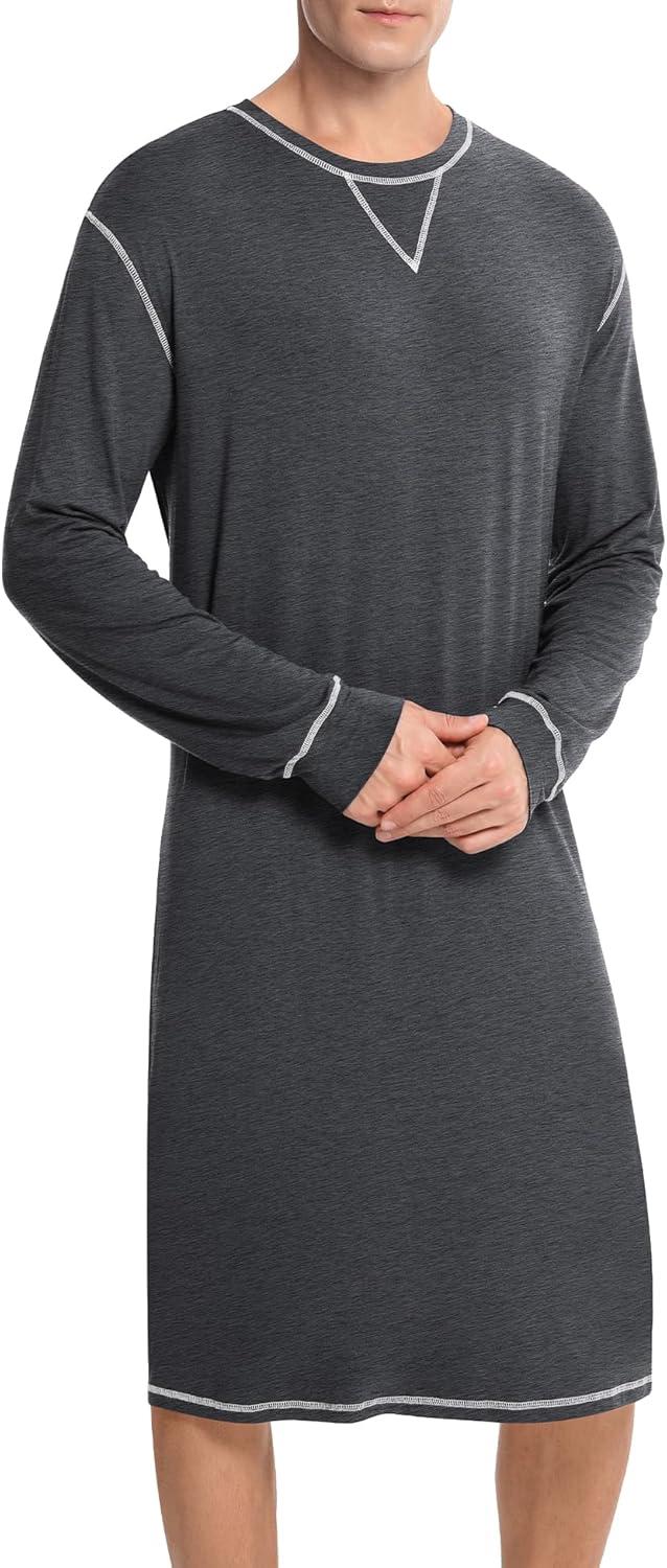 imageSWOMOG Mens Nightgown Long Sleeve Lounge Sleep Henley Shirt Pajama Big amp Tall Nightshirt Comfy Nightwear SXXLDeep Grey