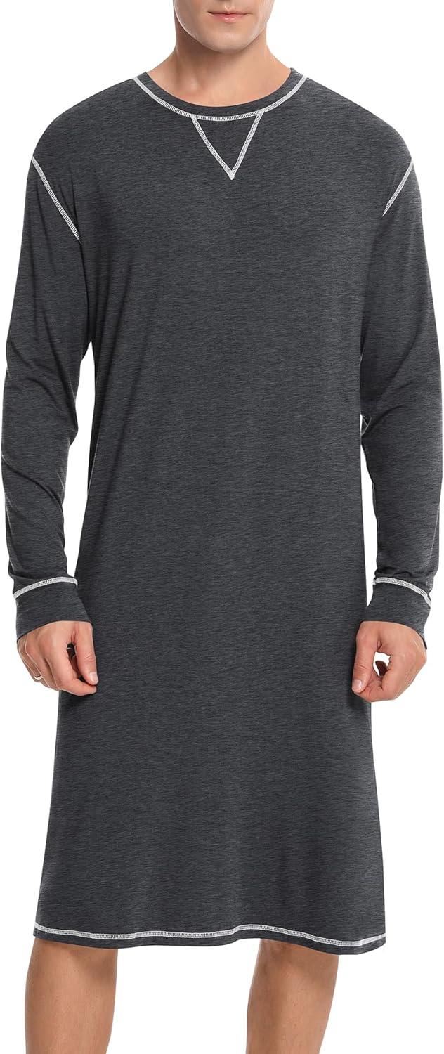 imageSWOMOG Mens Nightgown Long Sleeve Lounge Sleep Henley Shirt Pajama Big amp Tall Nightshirt Comfy Nightwear SXXLDeep Grey