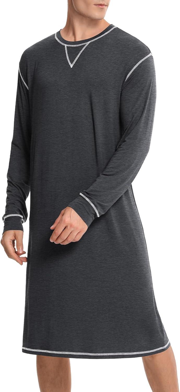 imageSWOMOG Mens Nightgown Long Sleeve Lounge Sleep Henley Shirt Pajama Big amp Tall Nightshirt Comfy Nightwear SXXLDeep Grey