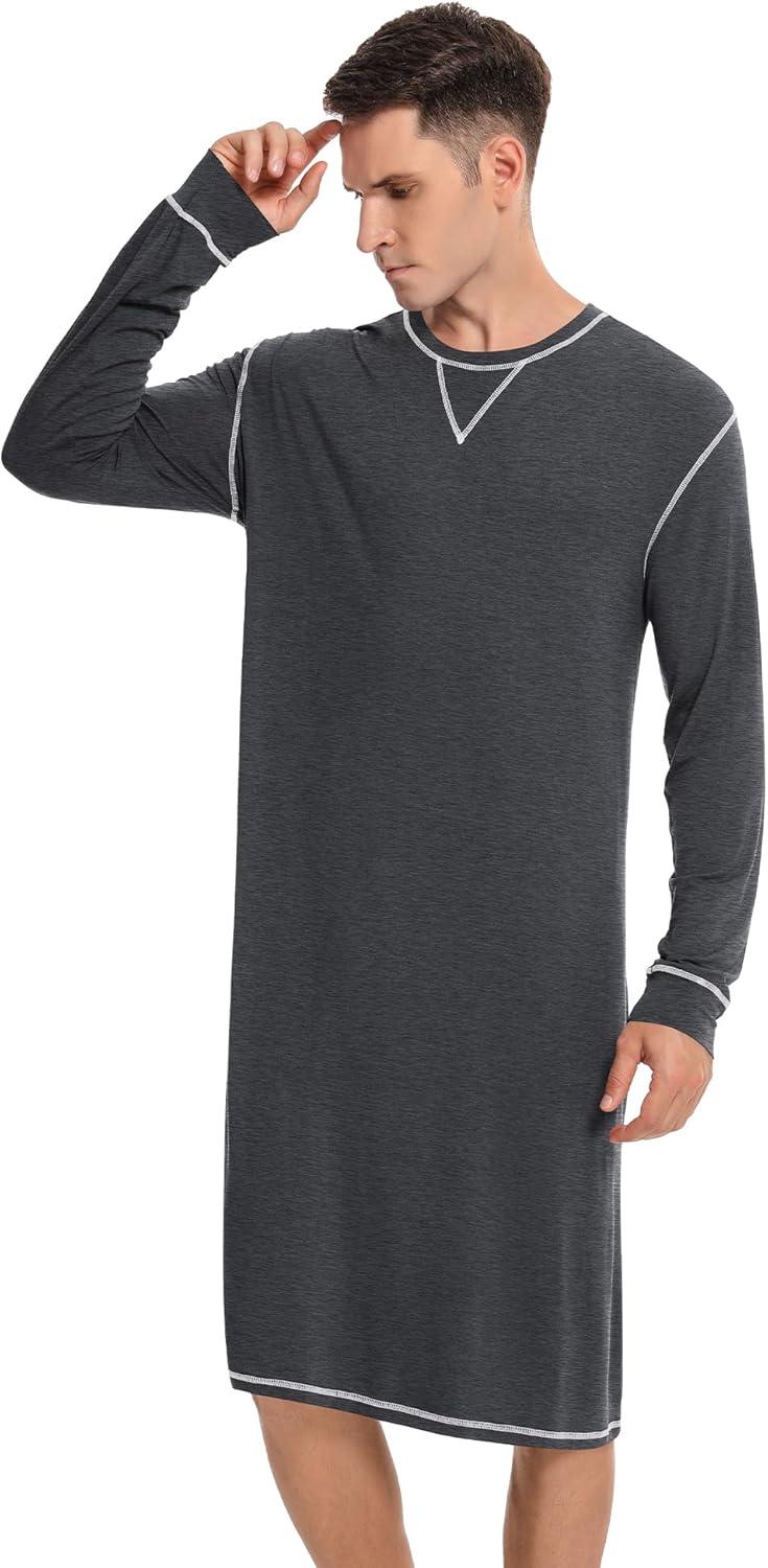 imageSWOMOG Mens Nightgown Long Sleeve Lounge Sleep Henley Shirt Pajama Big amp Tall Nightshirt Comfy Nightwear SXXLDeep Grey