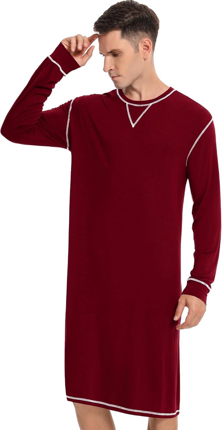 imageSWOMOG Mens Nightgown Long Sleeve Lounge Sleep Henley Shirt Pajama Big amp Tall Nightshirt Comfy Nightwear SXXLDeep Wine Red