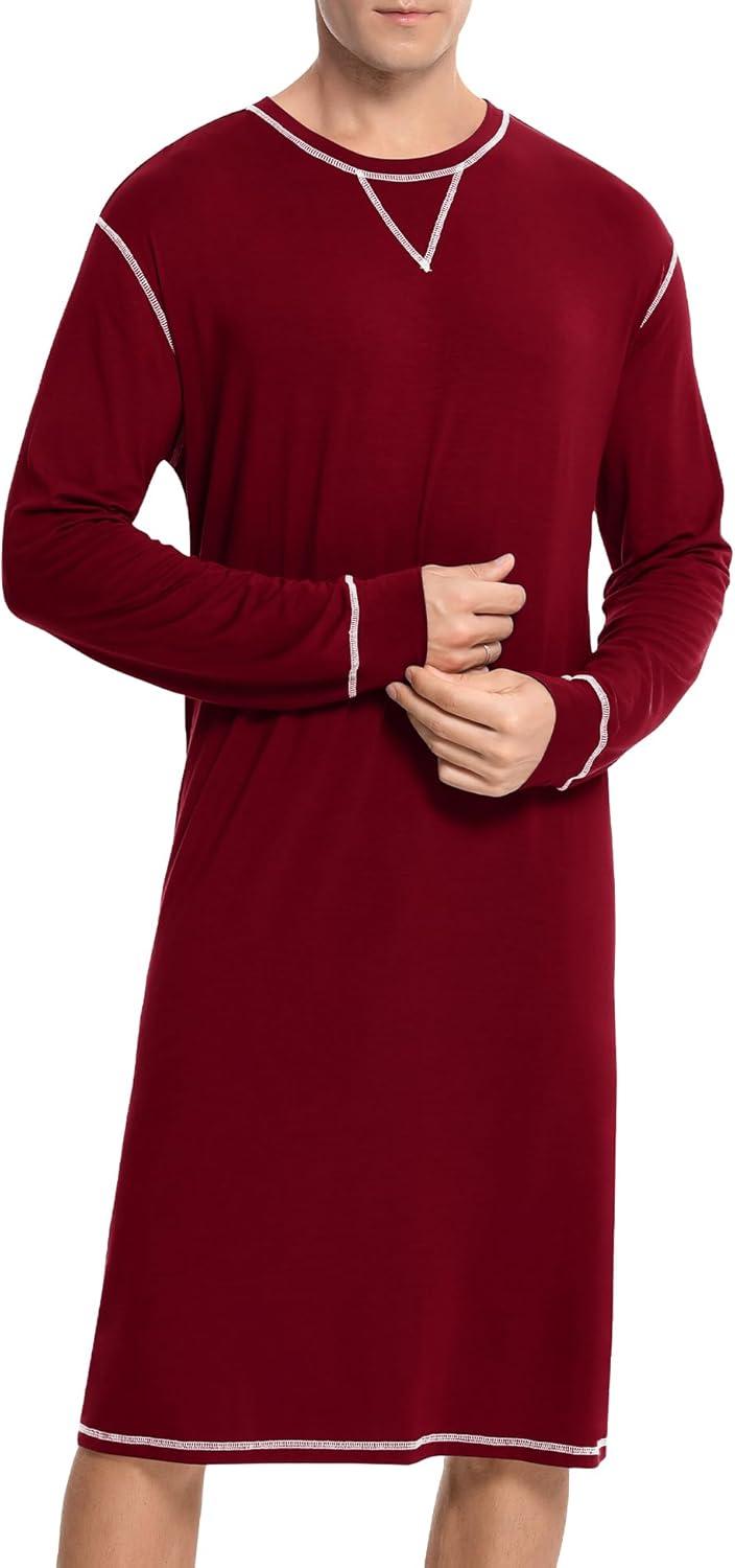 imageSWOMOG Mens Nightgown Long Sleeve Lounge Sleep Henley Shirt Pajama Big amp Tall Nightshirt Comfy Nightwear SXXLDeep Wine Red