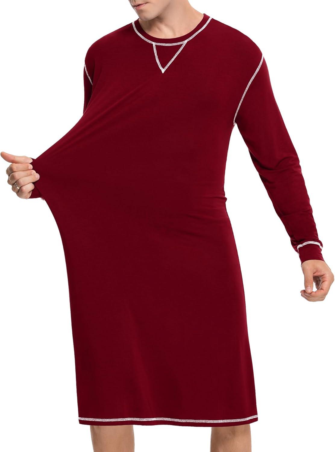 imageSWOMOG Mens Nightgown Long Sleeve Lounge Sleep Henley Shirt Pajama Big amp Tall Nightshirt Comfy Nightwear SXXLDeep Wine Red