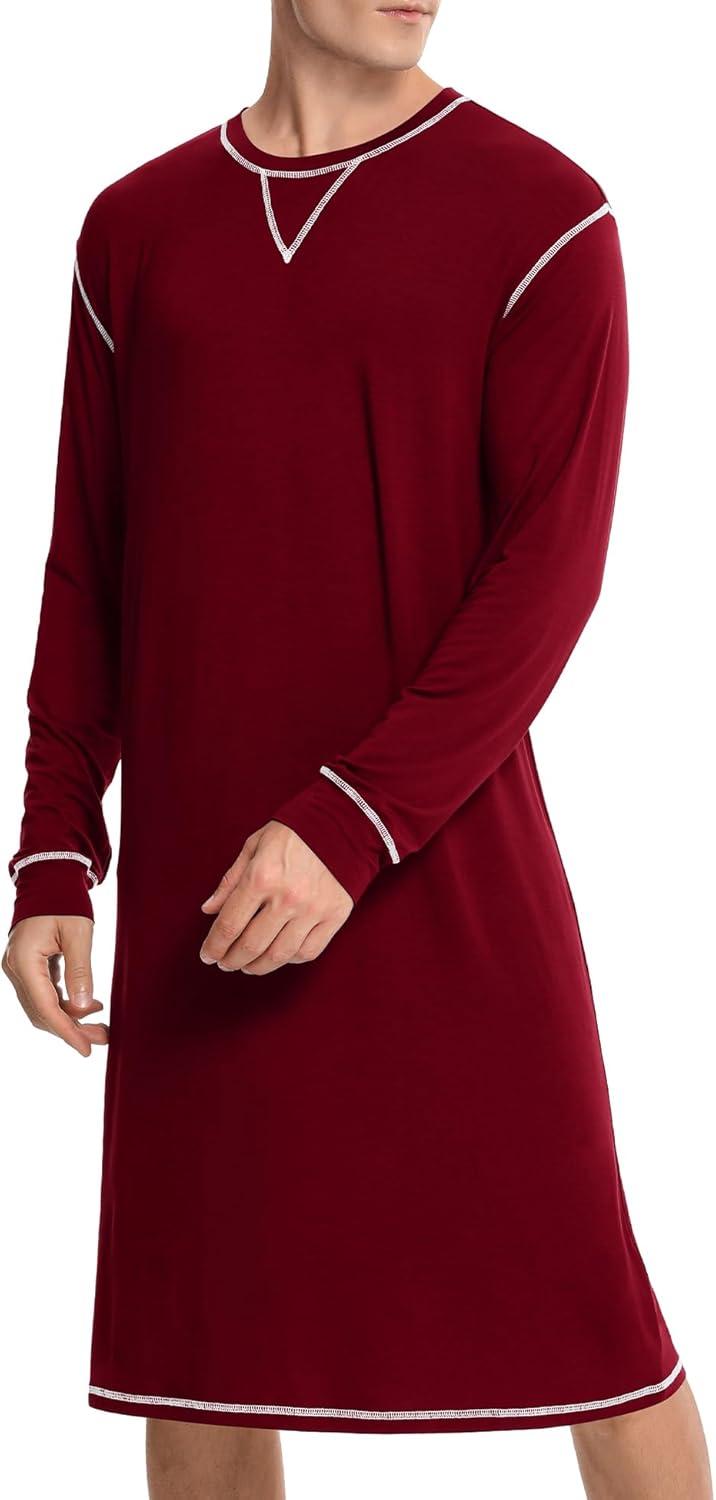 imageSWOMOG Mens Nightgown Long Sleeve Lounge Sleep Henley Shirt Pajama Big amp Tall Nightshirt Comfy Nightwear SXXLDeep Wine Red