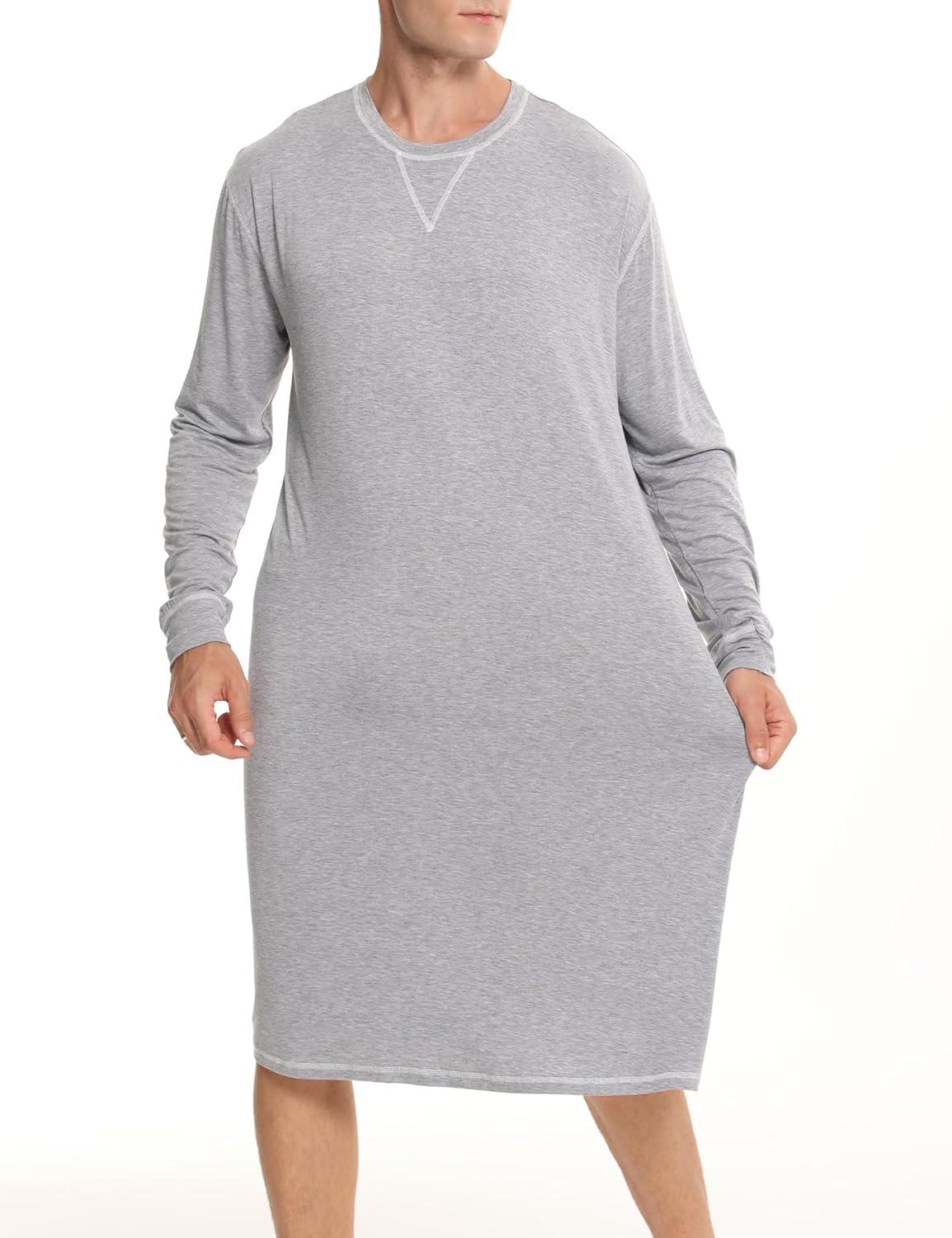imageSWOMOG Mens Nightgown Long Sleeve Lounge Sleep Henley Shirt Pajama Big amp Tall Nightshirt Comfy Nightwear SXXLGery