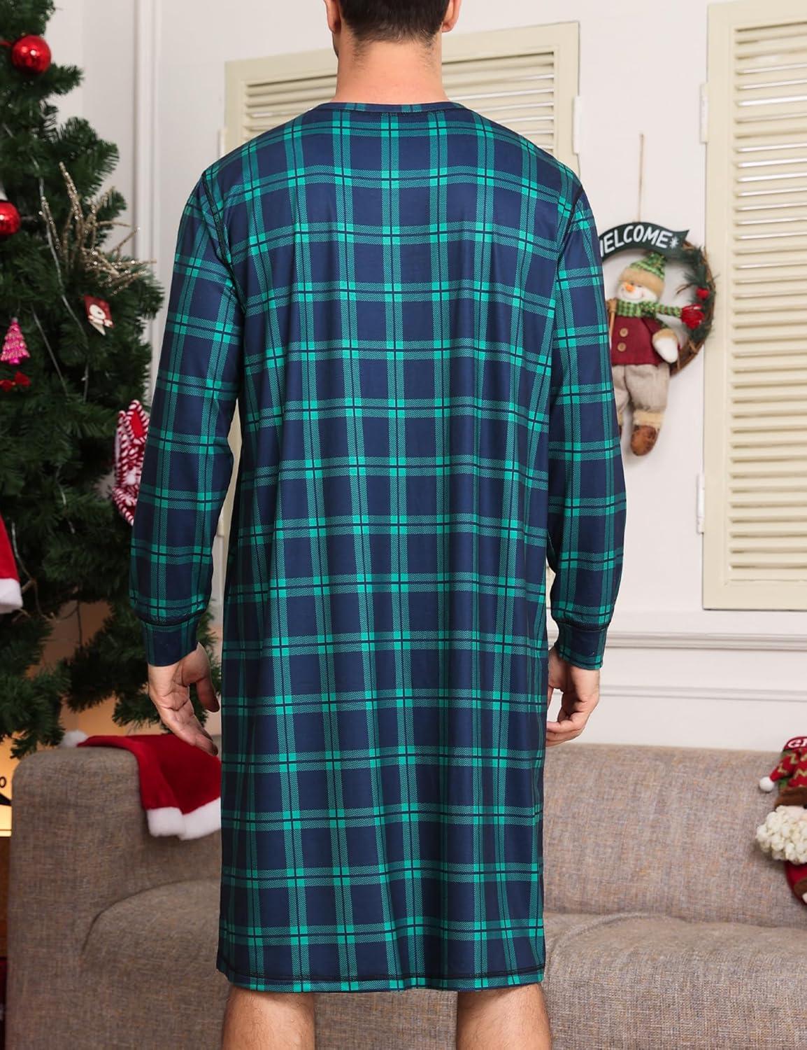 imageSWOMOG Mens Nightgown Long Sleeve Lounge Sleep Henley Shirt Pajama Big amp Tall Nightshirt Comfy Nightwear SXXLGreen Black Plaid