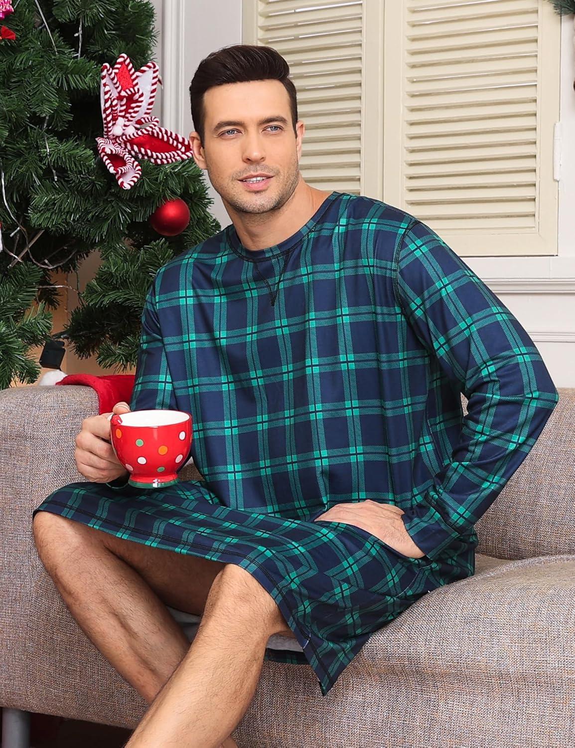 imageSWOMOG Mens Nightgown Long Sleeve Lounge Sleep Henley Shirt Pajama Big amp Tall Nightshirt Comfy Nightwear SXXLGreen Black Plaid