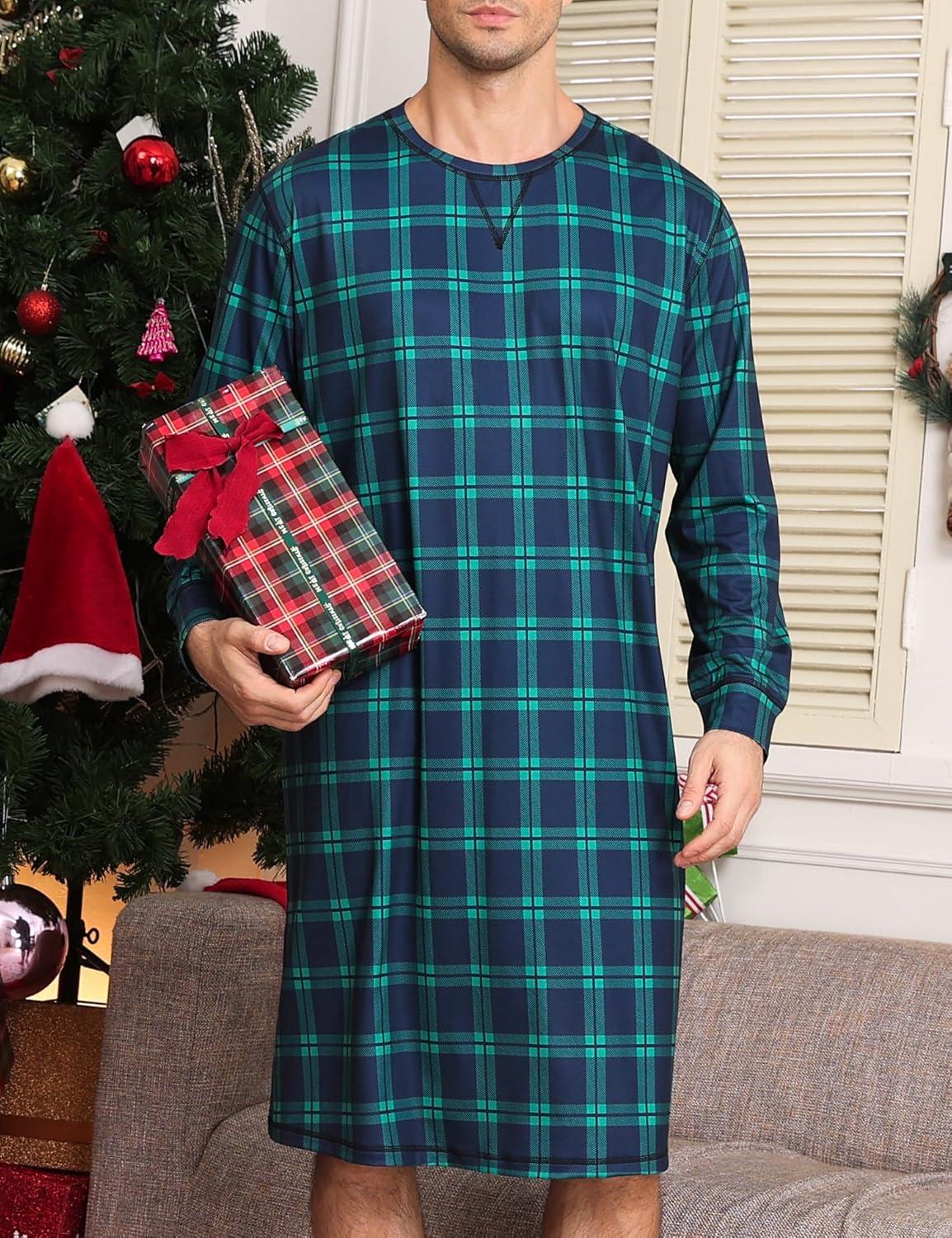 imageSWOMOG Mens Nightgown Long Sleeve Lounge Sleep Henley Shirt Pajama Big amp Tall Nightshirt Comfy Nightwear SXXLGreen Black Plaid