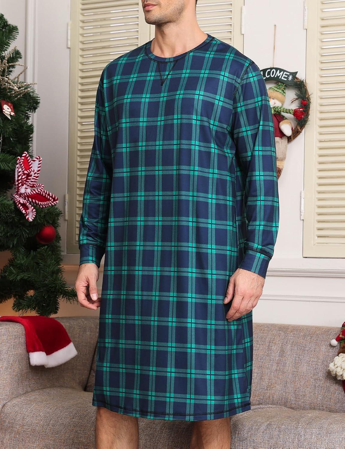 imageSWOMOG Mens Nightgown Long Sleeve Lounge Sleep Henley Shirt Pajama Big amp Tall Nightshirt Comfy Nightwear SXXLGreen Black Plaid