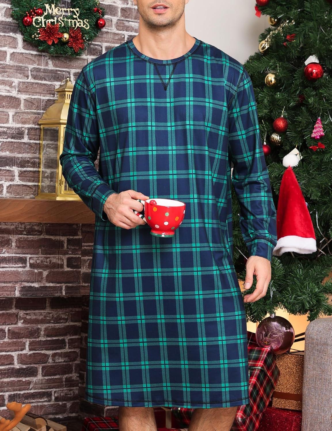 imageSWOMOG Mens Nightgown Long Sleeve Lounge Sleep Henley Shirt Pajama Big amp Tall Nightshirt Comfy Nightwear SXXLGreen Black Plaid