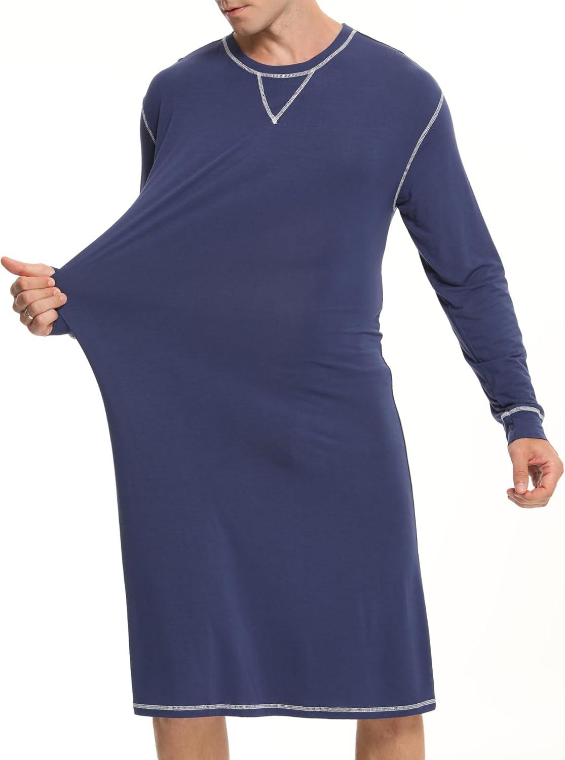 imageSWOMOG Mens Nightgown Long Sleeve Lounge Sleep Henley Shirt Pajama Big amp Tall Nightshirt Comfy Nightwear SXXLNavy Blue