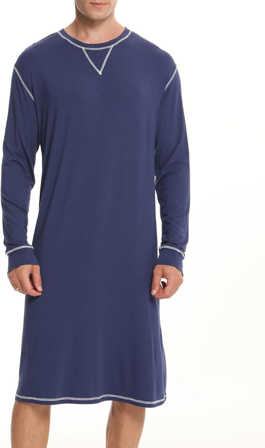 imageSWOMOG Mens Nightgown Long Sleeve Lounge Sleep Henley Shirt Pajama Big amp Tall Nightshirt Comfy Nightwear SXXLNavy Blue