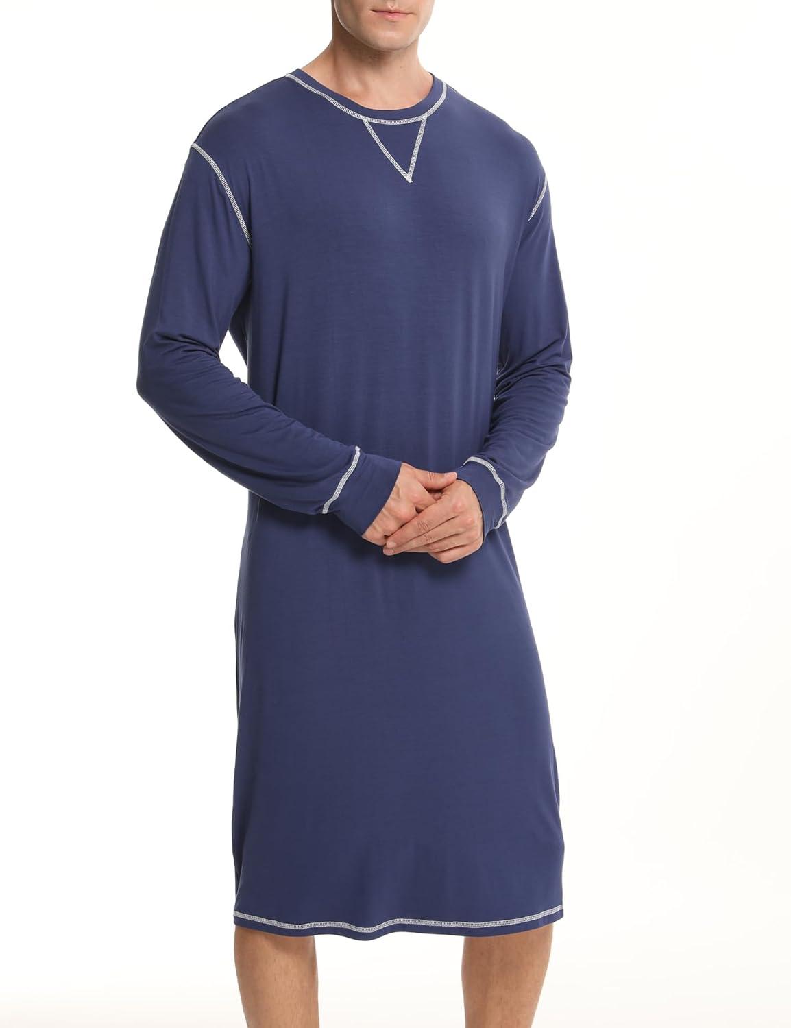 imageSWOMOG Mens Nightgown Long Sleeve Lounge Sleep Henley Shirt Pajama Big amp Tall Nightshirt Comfy Nightwear SXXLNavy Blue