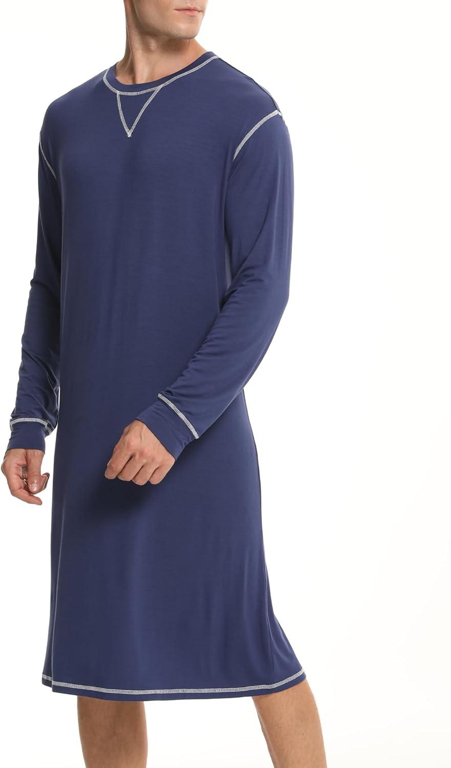 imageSWOMOG Mens Nightgown Long Sleeve Lounge Sleep Henley Shirt Pajama Big amp Tall Nightshirt Comfy Nightwear SXXLNavy Blue