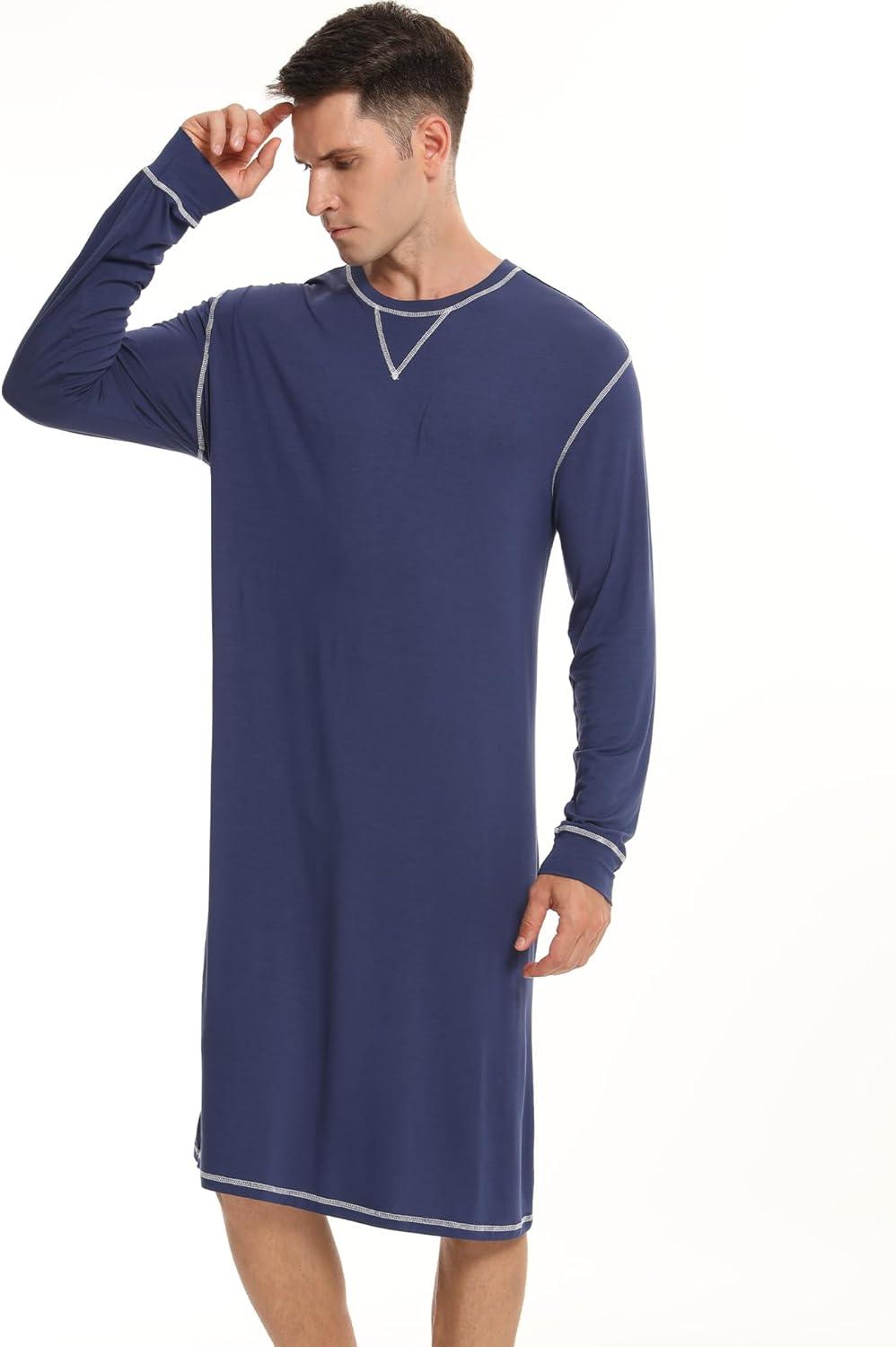 imageSWOMOG Mens Nightgown Long Sleeve Lounge Sleep Henley Shirt Pajama Big amp Tall Nightshirt Comfy Nightwear SXXLNavy Blue