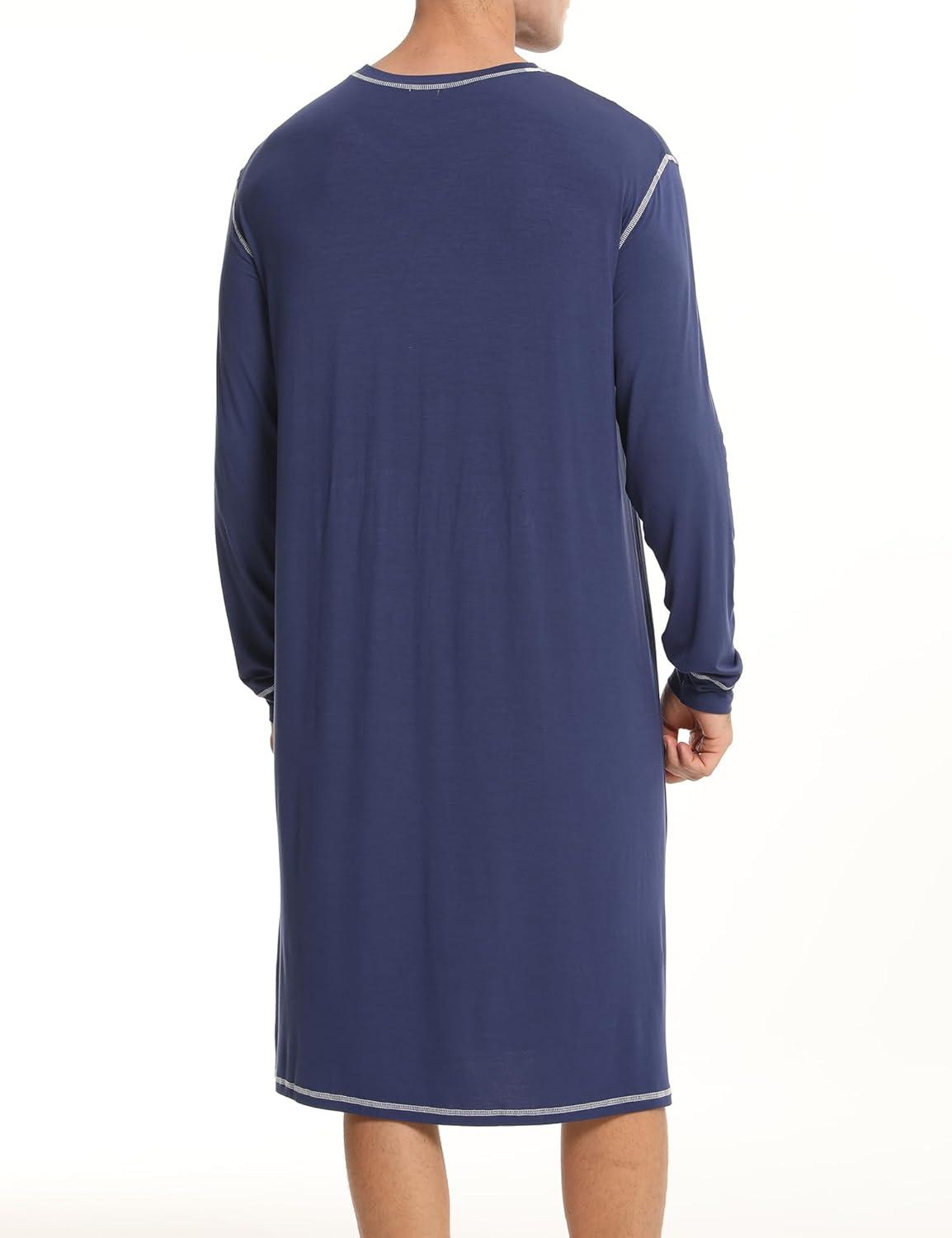imageSWOMOG Mens Nightgown Long Sleeve Lounge Sleep Henley Shirt Pajama Big amp Tall Nightshirt Comfy Nightwear SXXLNavy Blue