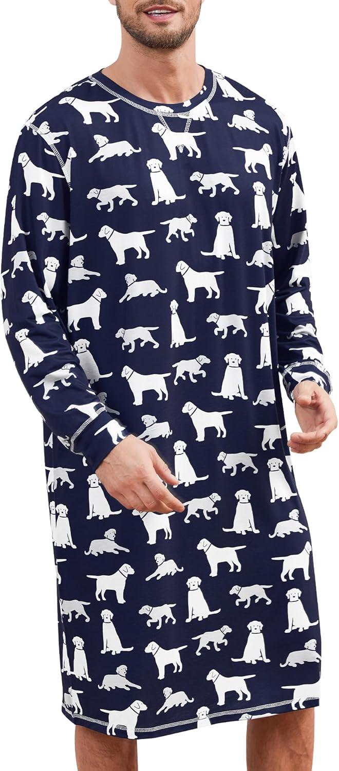 imageSWOMOG Mens Nightgown Long Sleeve Lounge Sleep Henley Shirt Pajama Big amp Tall Nightshirt Comfy Nightwear SXXLNavy Blue Dogs