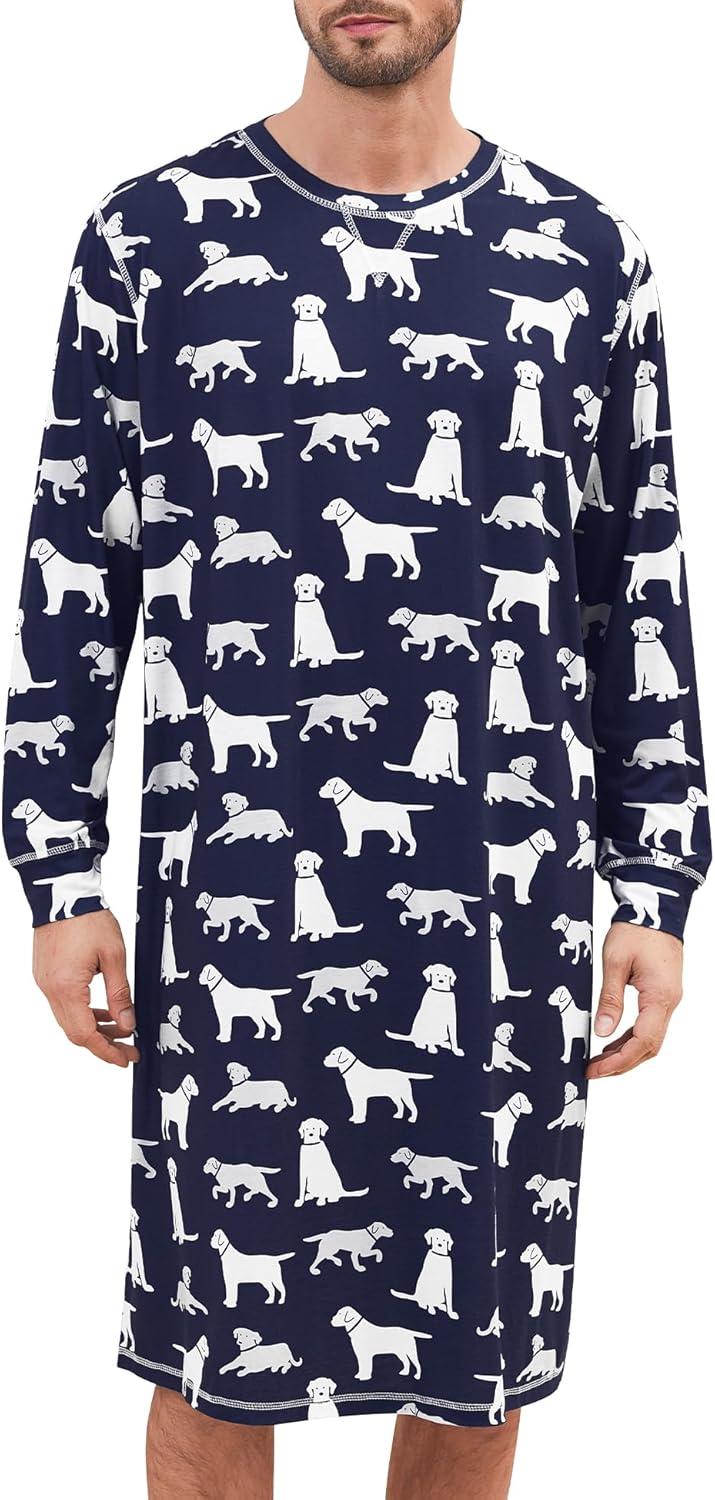 imageSWOMOG Mens Nightgown Long Sleeve Lounge Sleep Henley Shirt Pajama Big amp Tall Nightshirt Comfy Nightwear SXXLNavy Blue Dogs