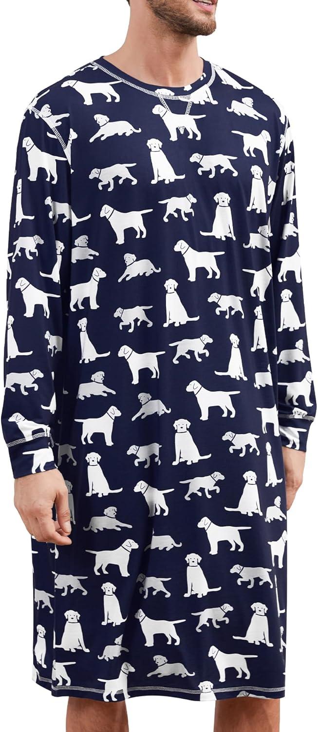 imageSWOMOG Mens Nightgown Long Sleeve Lounge Sleep Henley Shirt Pajama Big amp Tall Nightshirt Comfy Nightwear SXXLNavy Blue Dogs