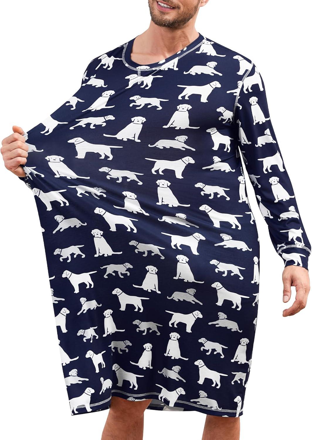 imageSWOMOG Mens Nightgown Long Sleeve Lounge Sleep Henley Shirt Pajama Big amp Tall Nightshirt Comfy Nightwear SXXLNavy Blue Dogs
