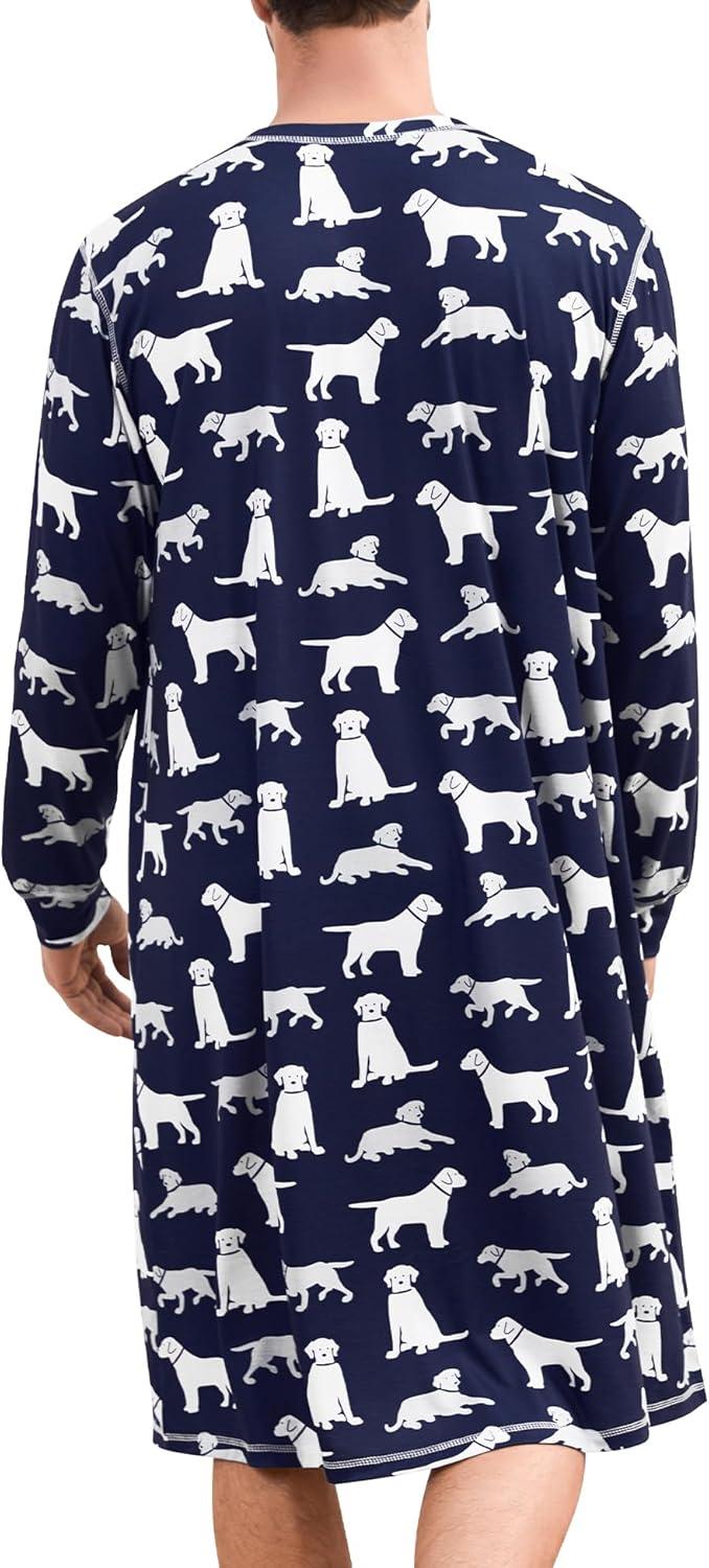 imageSWOMOG Mens Nightgown Long Sleeve Lounge Sleep Henley Shirt Pajama Big amp Tall Nightshirt Comfy Nightwear SXXLNavy Blue Dogs
