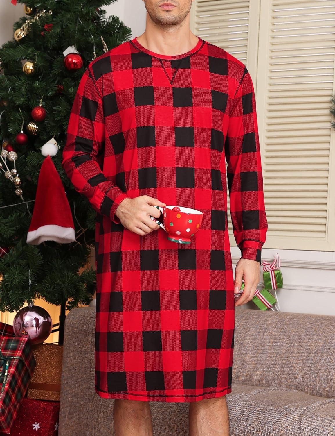 imageSWOMOG Mens Nightgown Long Sleeve Lounge Sleep Henley Shirt Pajama Big amp Tall Nightshirt Comfy Nightwear SXXLRed Black Plaid