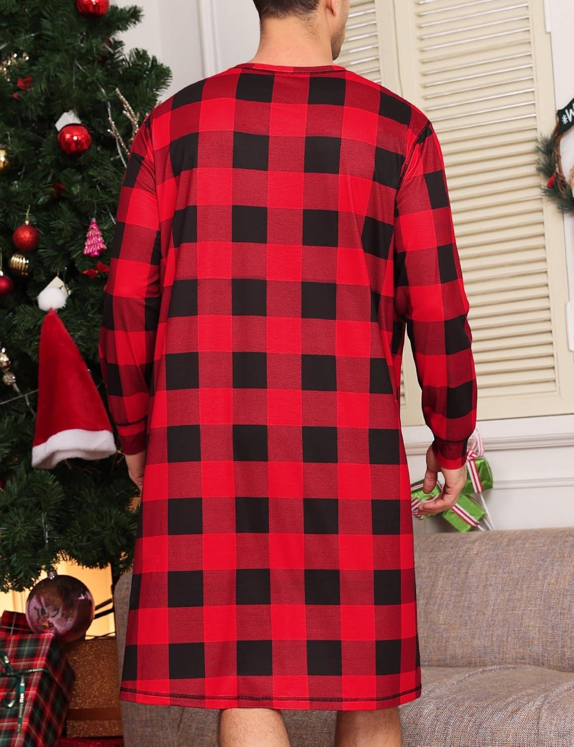 imageSWOMOG Mens Nightgown Long Sleeve Lounge Sleep Henley Shirt Pajama Big amp Tall Nightshirt Comfy Nightwear SXXLRed Black Plaid