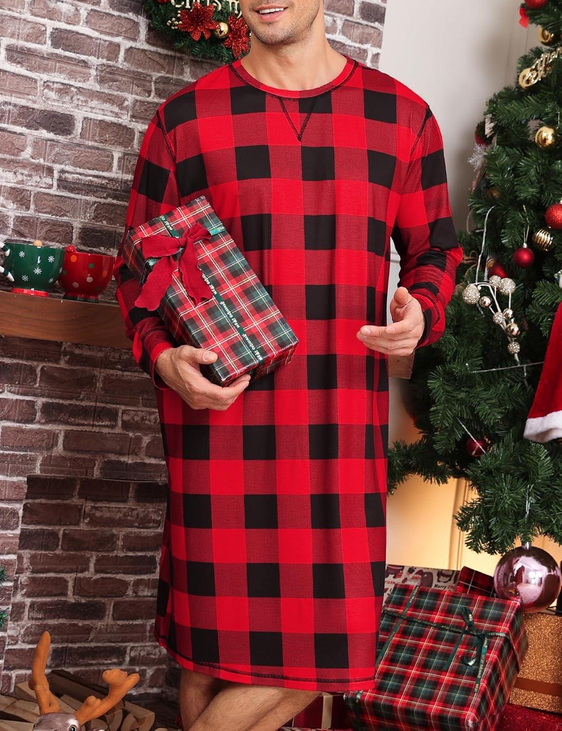 imageSWOMOG Mens Nightgown Long Sleeve Lounge Sleep Henley Shirt Pajama Big amp Tall Nightshirt Comfy Nightwear SXXLRed Black Plaid