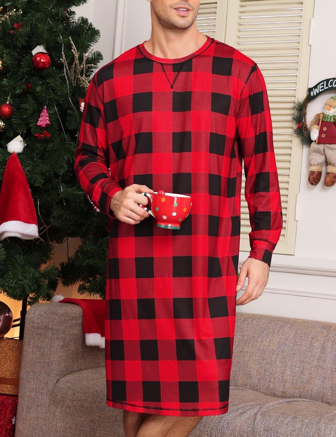 imageSWOMOG Mens Nightgown Long Sleeve Lounge Sleep Henley Shirt Pajama Big amp Tall Nightshirt Comfy Nightwear SXXLRed Black Plaid