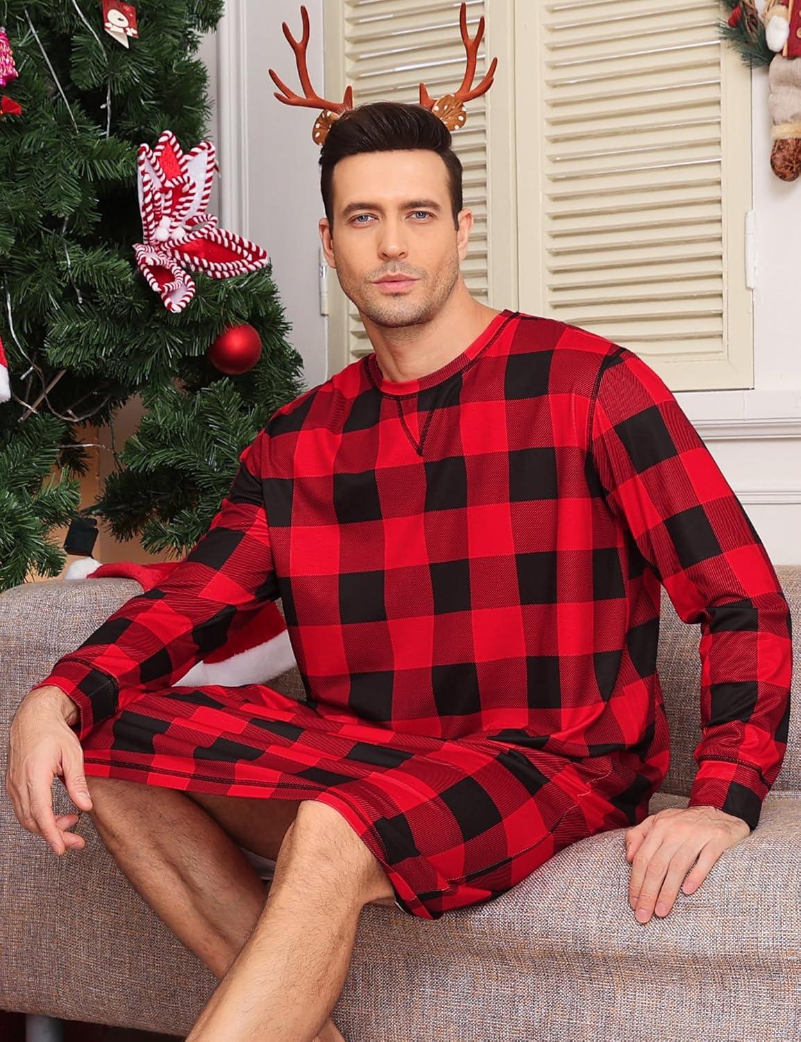 imageSWOMOG Mens Nightgown Long Sleeve Lounge Sleep Henley Shirt Pajama Big amp Tall Nightshirt Comfy Nightwear SXXLRed Black Plaid