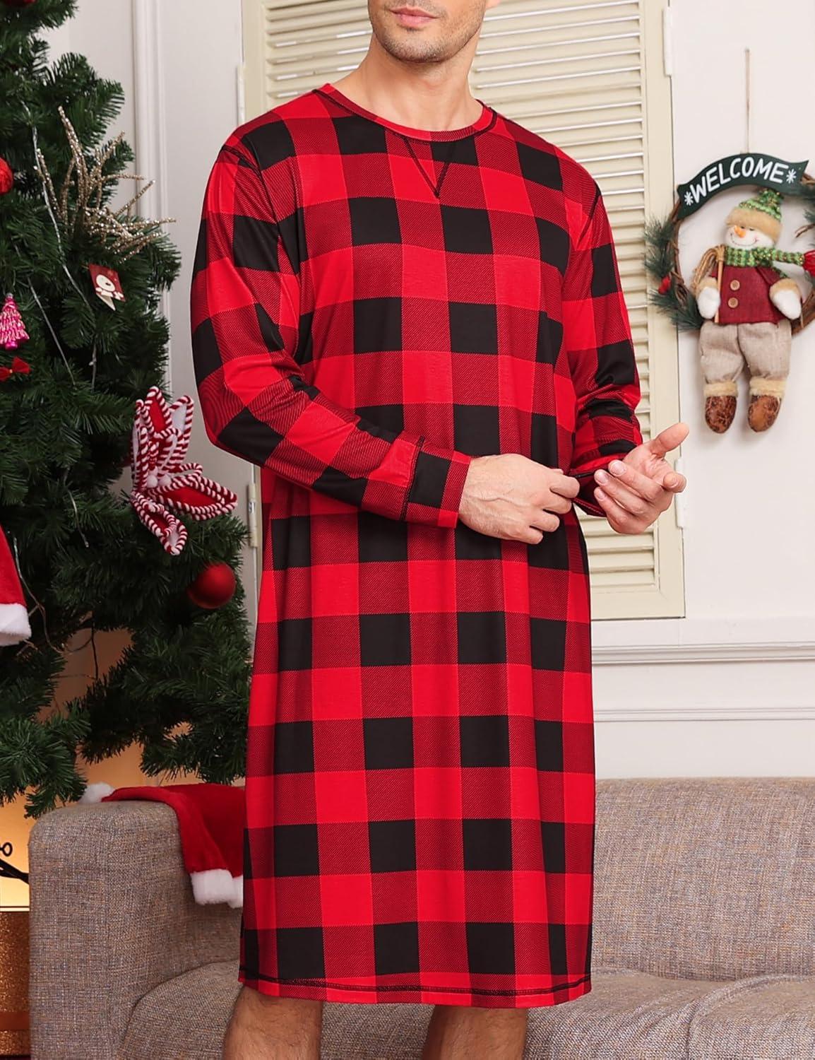 imageSWOMOG Mens Nightgown Long Sleeve Lounge Sleep Henley Shirt Pajama Big amp Tall Nightshirt Comfy Nightwear SXXLRed Black Plaid