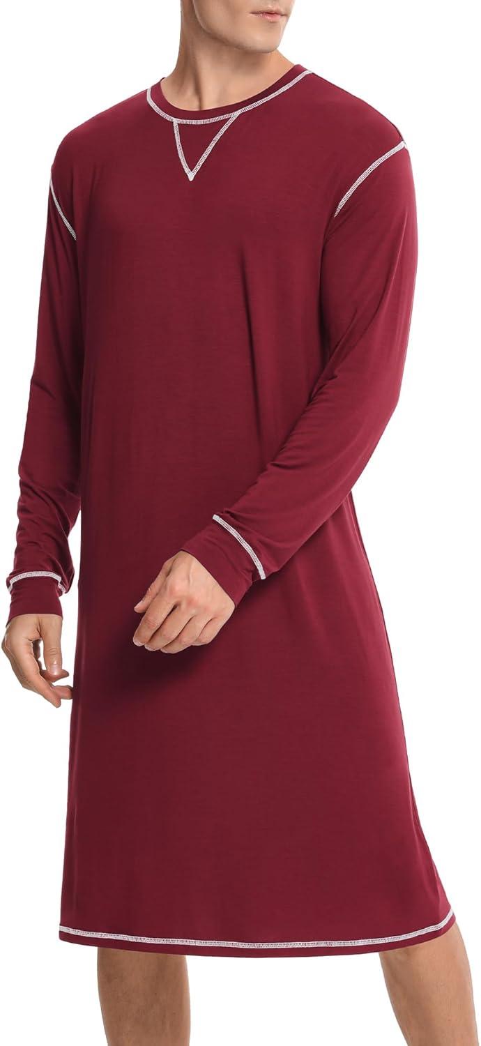 imageSWOMOG Mens Nightgown Long Sleeve Lounge Sleep Henley Shirt Pajama Big amp Tall Nightshirt Comfy Nightwear SXXLWine Red