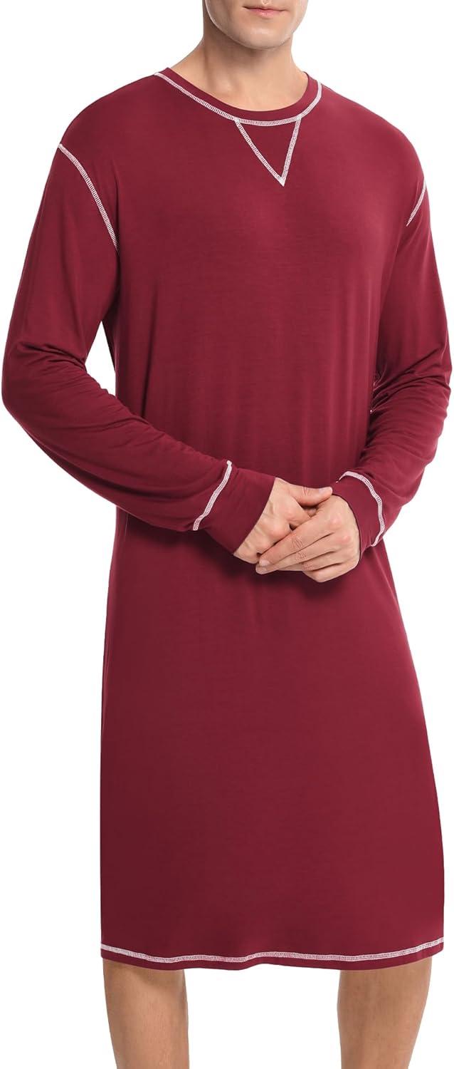imageSWOMOG Mens Nightgown Long Sleeve Lounge Sleep Henley Shirt Pajama Big amp Tall Nightshirt Comfy Nightwear SXXLWine Red