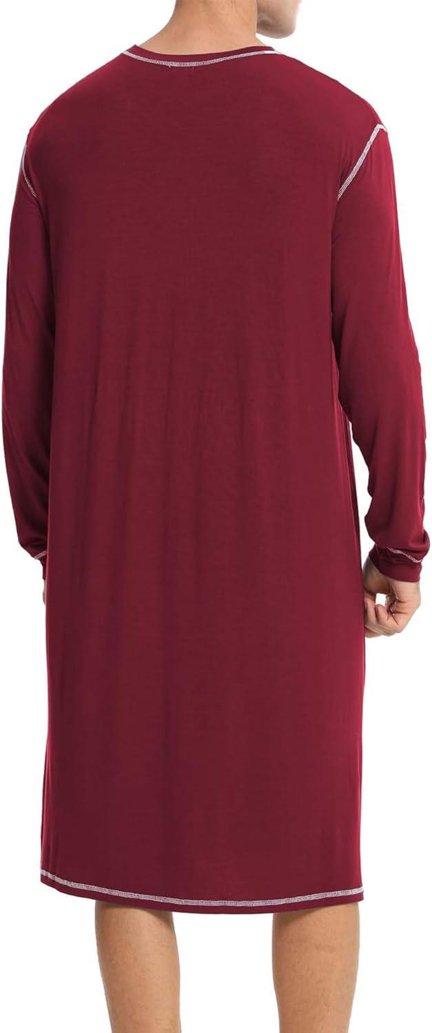 imageSWOMOG Mens Nightgown Long Sleeve Lounge Sleep Henley Shirt Pajama Big amp Tall Nightshirt Comfy Nightwear SXXLWine Red