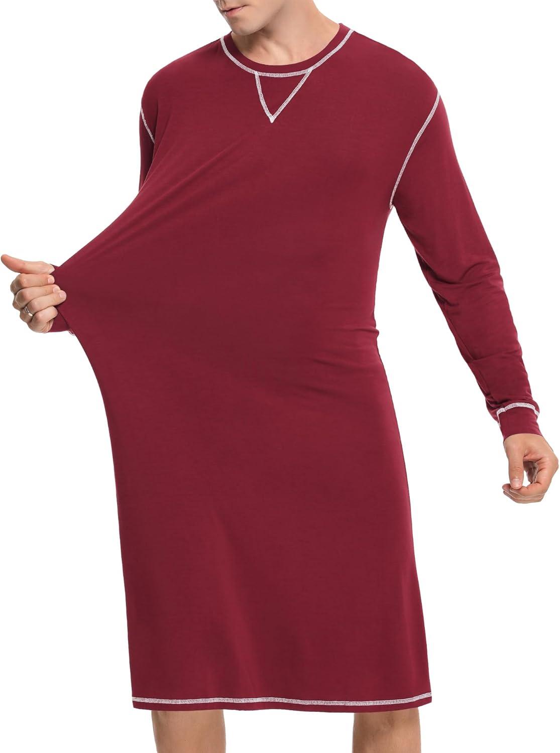 imageSWOMOG Mens Nightgown Long Sleeve Lounge Sleep Henley Shirt Pajama Big amp Tall Nightshirt Comfy Nightwear SXXLWine Red