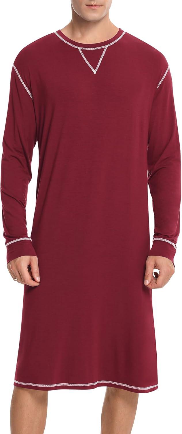 imageSWOMOG Mens Nightgown Long Sleeve Lounge Sleep Henley Shirt Pajama Big amp Tall Nightshirt Comfy Nightwear SXXLWine Red